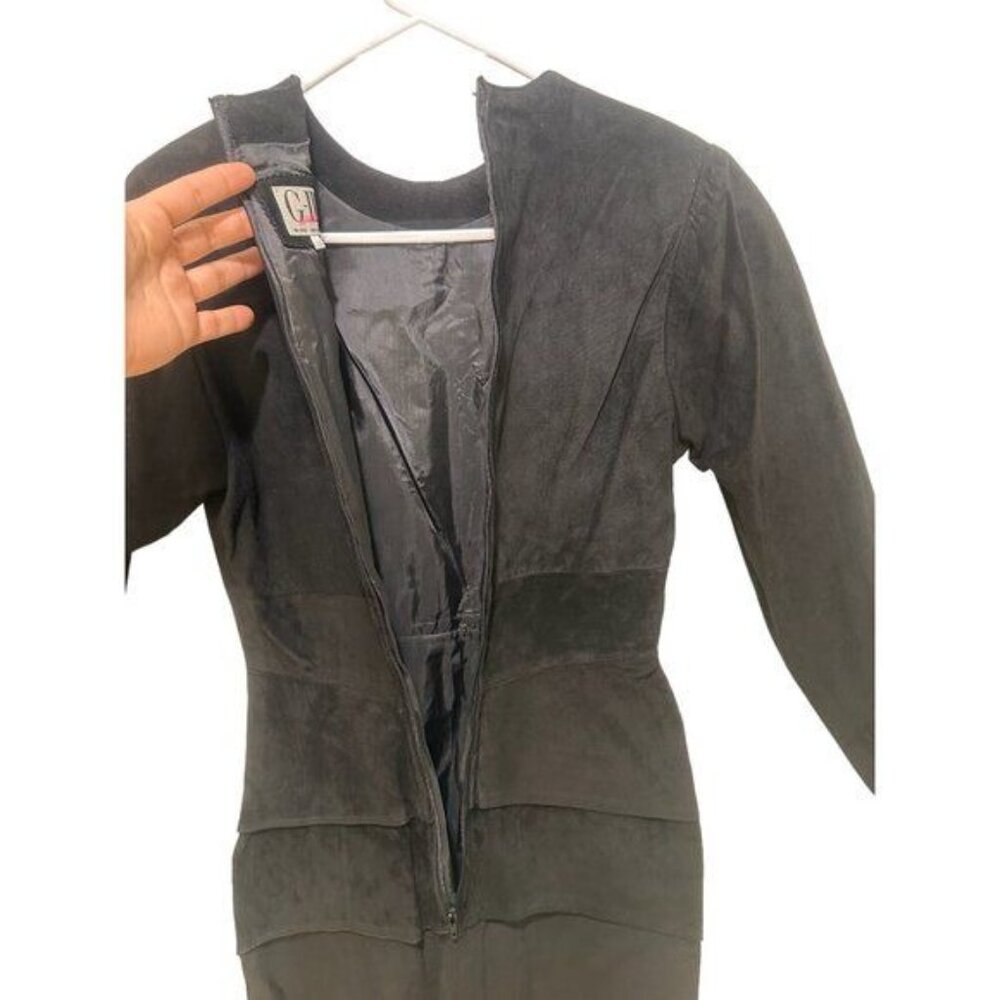 Wimsigoth 100% Suede Leather Dress Womens 6 Black Vintage Midi Ruffle Long Sleev - Picture 11 of 16
